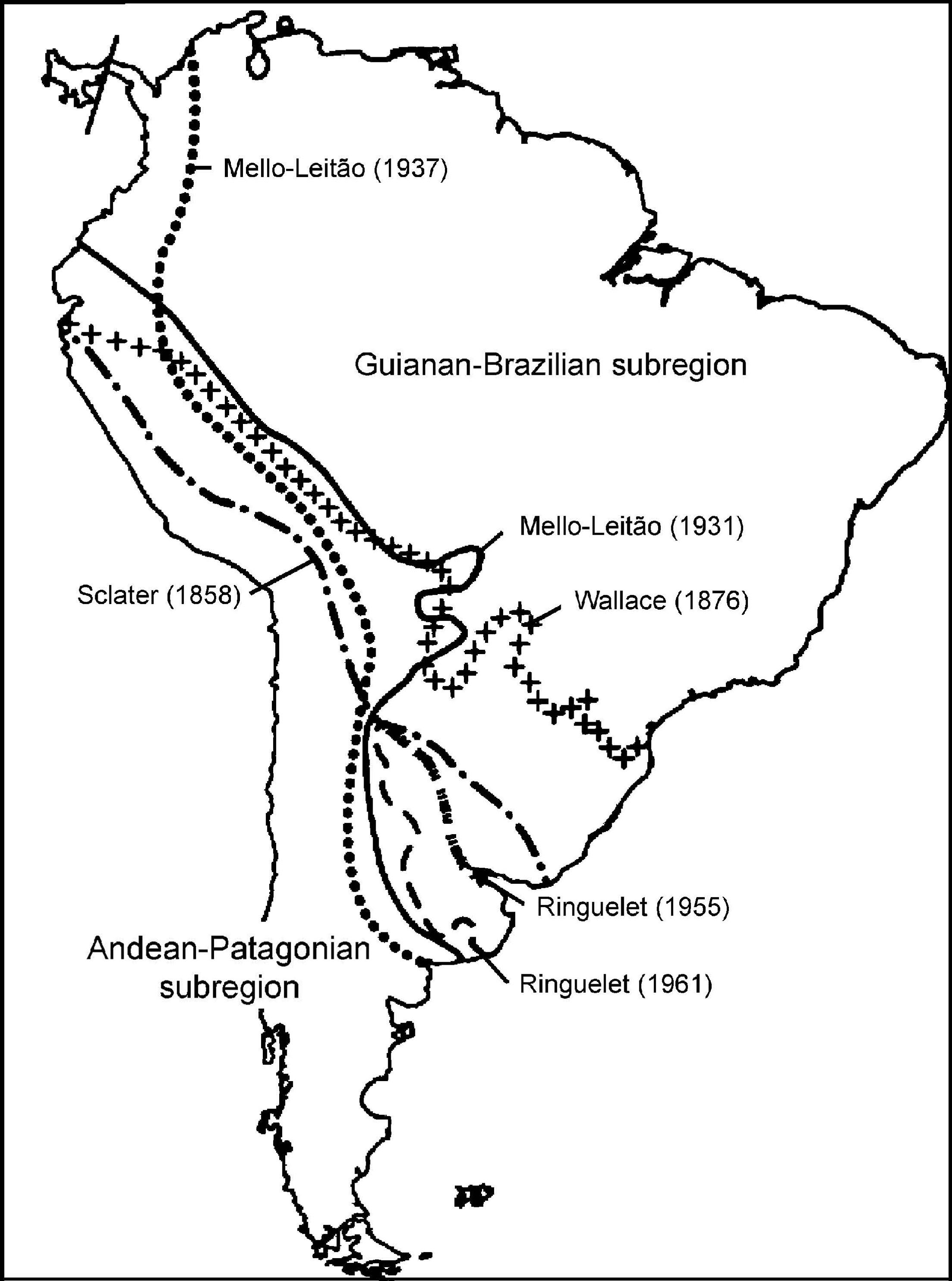  Alternative placements of the &ldquo;subtropical line&rdquo; separating the Guianan-Brazilian and Andean-Patagonian subregions analyzed by Rapoport (1968).