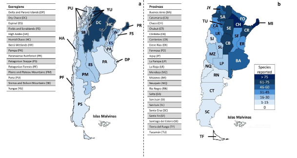 Number of species recorded in Argentina.