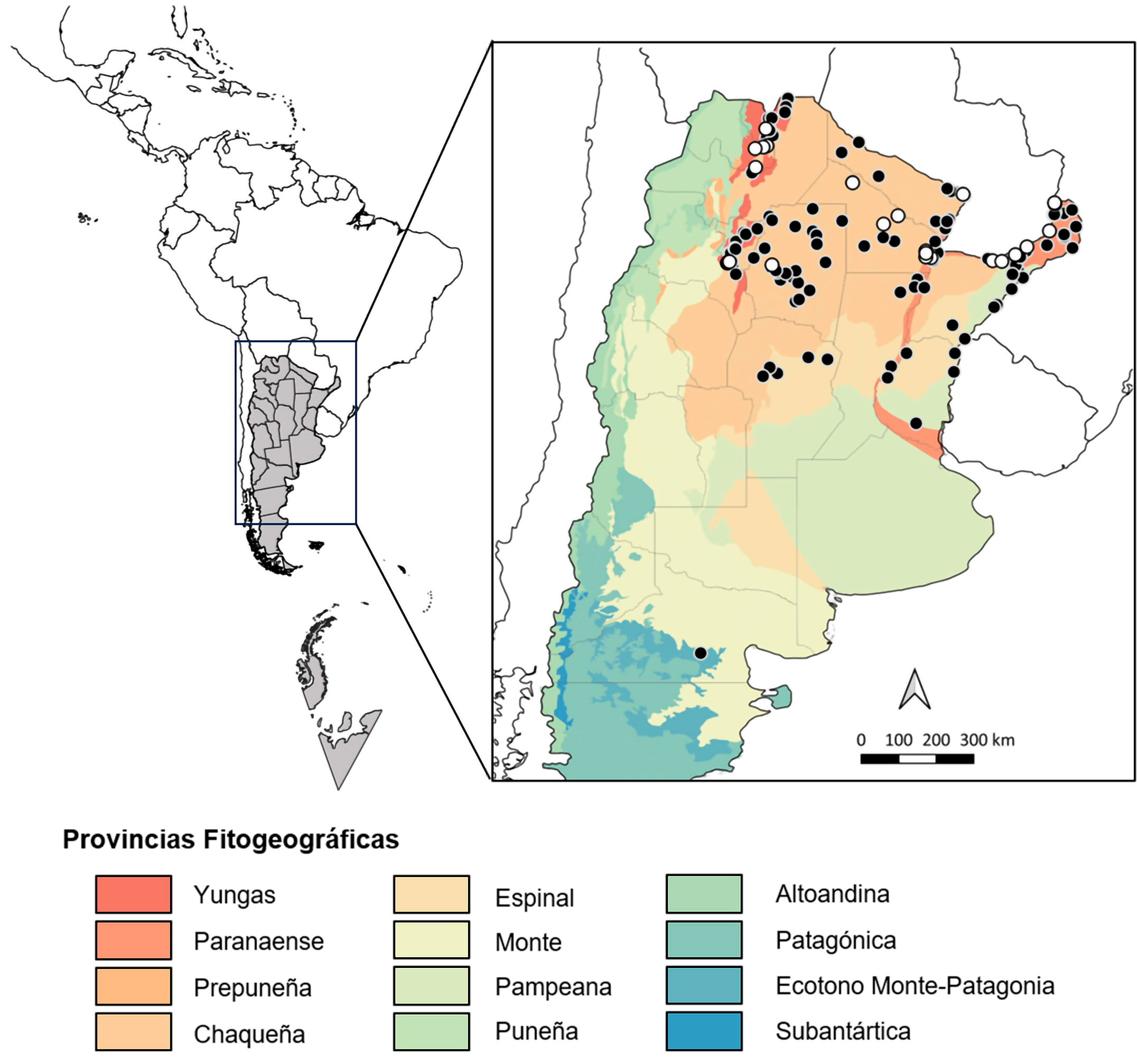 Registros de Phlebotominae de capturas longitudinales (c�rculos blancos) y muestras �nicas (c�rculos negros) posteriores a 1985.