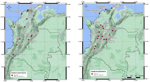 Mapa 1: Distribuci&oacute;n espacial de registros epistolares con la manifestaci&oacute;n de las variantes de representaci&oacute;n escrita de los fonemas /ʎ/ y /j/ en el periodo colonial. Intervalos de 1550-1600 (izquierda) y 1600-1650 (derecha).
