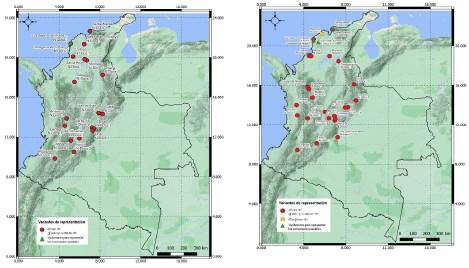 Mapa 2: Distribuci&oacute;n espacial de registros epistolares con la manifestaci&oacute;n de las variantes de representaci&oacute;n escrita de los fonemas /ʎ/ y /j/ en el periodo colonial. Intervalos de 1650-1700 (izquierda) y 1700-1750 (derecha).