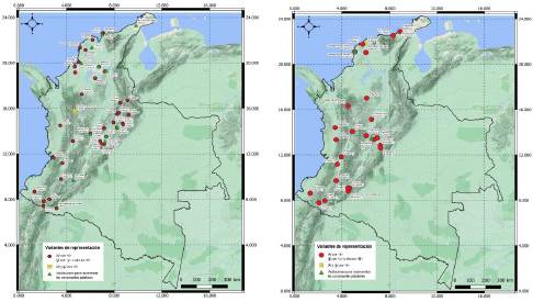 Mapa 3: Distribuci&oacute;n espacial de registros epistolares con la manifestaci&oacute;n de las variantes de representaci&oacute;n escrita de los fonemas /ʎ/ y /j/ en el periodo colonial. Intervalos de 1750-1800 (izquierda) y 1800-1825 (derecha).