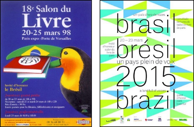 Carteles de las ediciones de 1998 y 2015 con Brasil como Pa&iacute;s invitado de honor.