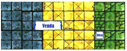 Tabuleiro do jogo O corti&ccedil;o, com as pe&ccedil;as &ldquo;Venda&rdquo; e &ldquo;Bica&rdquo;.