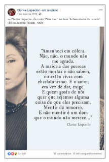 Meme divulgado na mesma fanpage, constru&iacute;do a partir do close up no semblante da escritora.