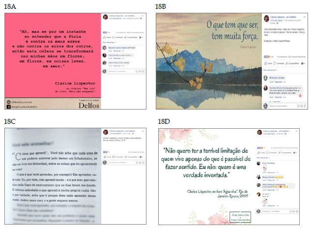 As diferentes fases da p&aacute;gina Clarice Lispector - um mist&eacute;rio (@ClariceLispector.ummisterio) representadas pela altera&ccedil;&atilde;o no modelo de memes.