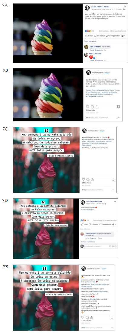 A mesma cita&ccedil;&atilde;o, retirada do livro de cr&ocirc;nicas Pequenas epifanias, &eacute; reciclada v&aacute;rias vezes pelos tr&ecirc;s perfis, com os dois modelos de memes adotados em diferentes fases.10