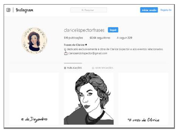 Perfil Frases de Clarice (#claricelispectorfrases), no Instagram. Prints realizados em 29 abr. 2019.
