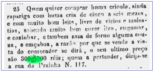 An&uacute;ncio de venda de escrava