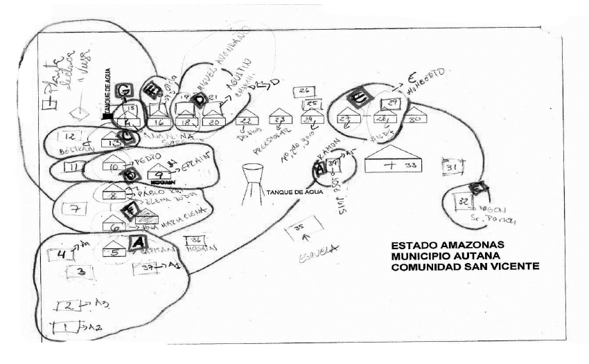 Plano de la comunidad de San Vicente con la identificaci&oacute;n de las familias ind&iacute;genas