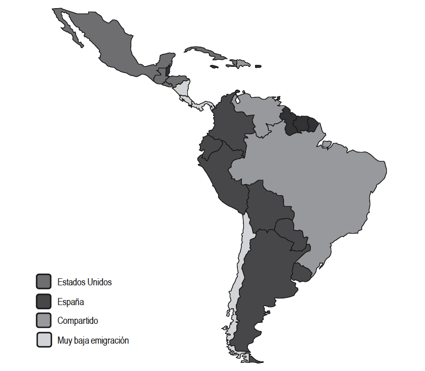 Pa&iacute;ses de Am&eacute;rica Latina seg&uacute;n principal destino de su emigraci&oacute;n reciente (2000-2006)