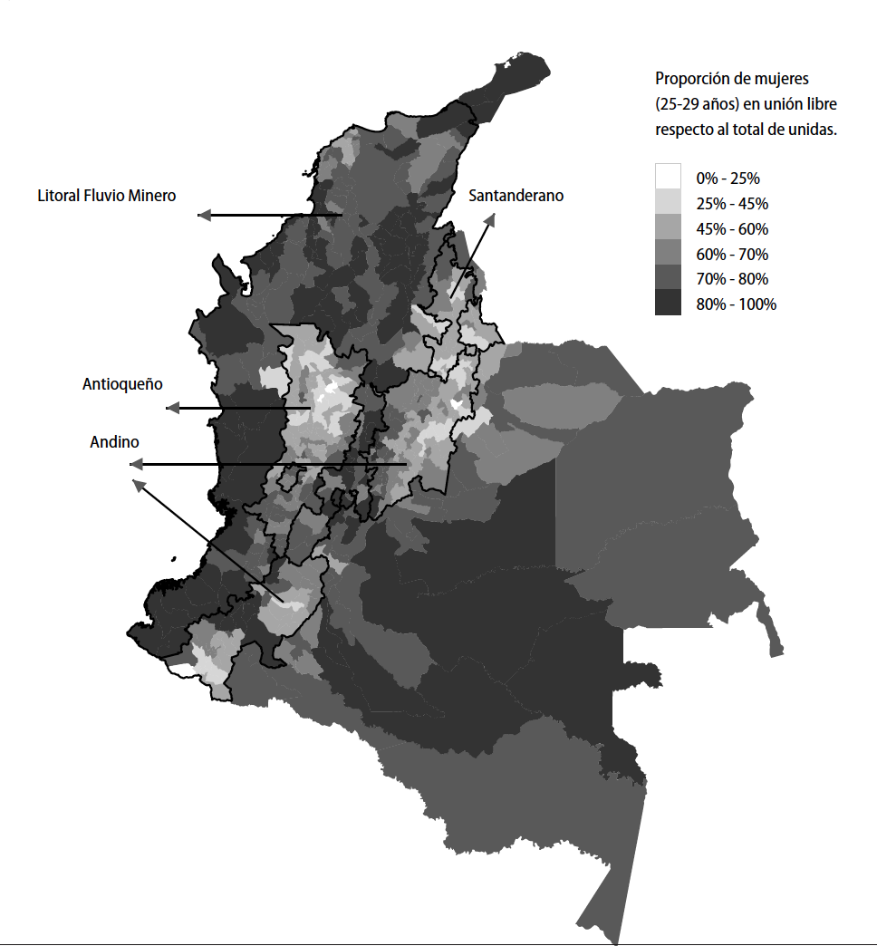 Municipios y complejos culturales según proporción de mujeres de entre 25 y 29 años en unión libre respecto del total de mujeres unidas. Colombia. Año 2005