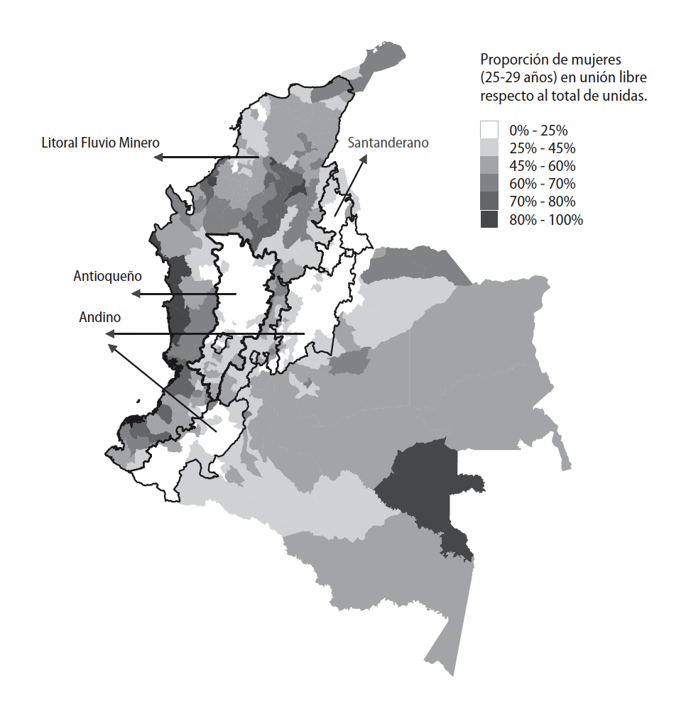 Municipios y complejos culturales según proporción de mujeres de entre 25 y 29 años en unión libre respecto del total de mujeres unidas. Colombia. Año 1985