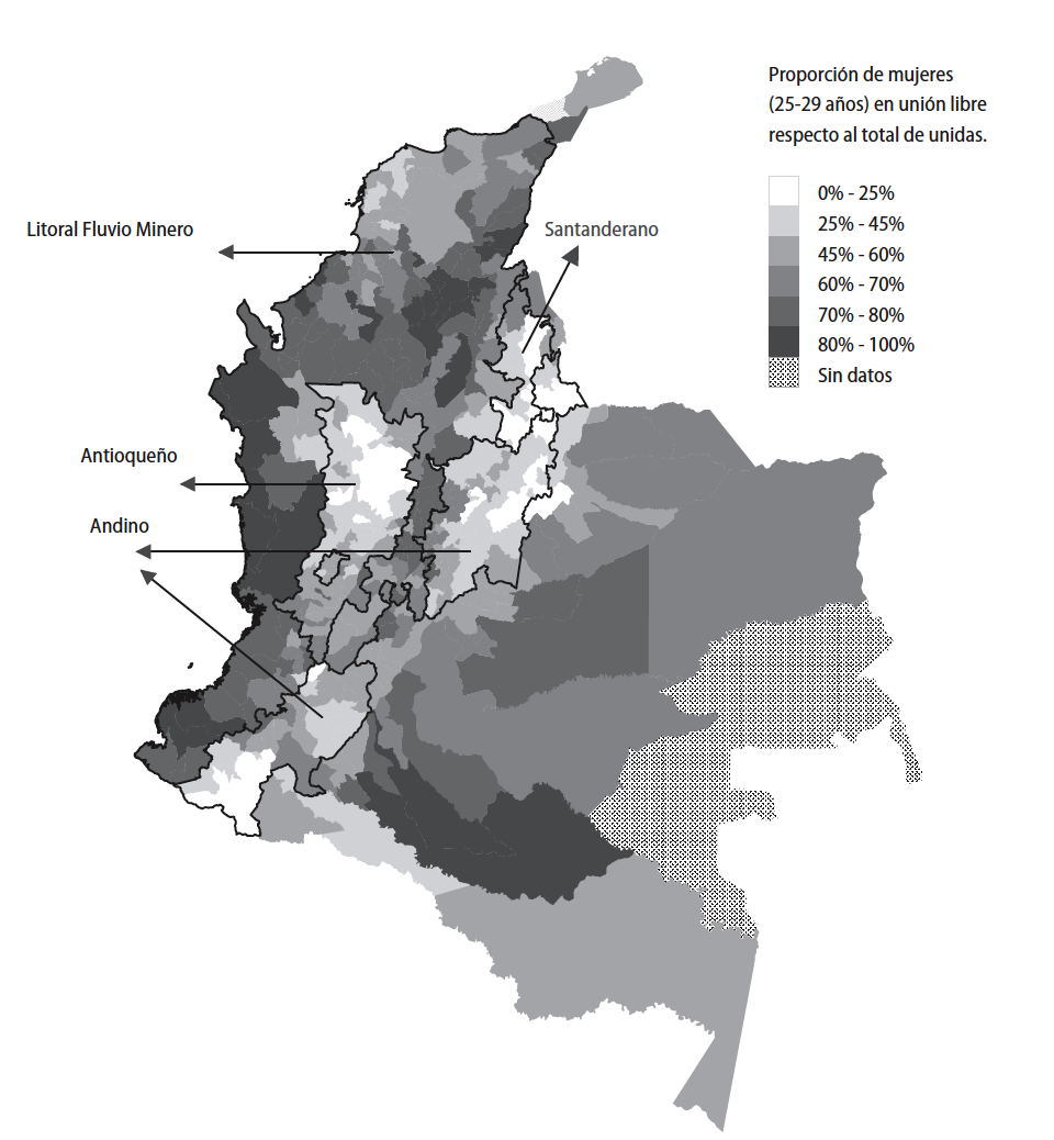 Municipios y complejos culturales según proporción de mujeres de entre 25 y 29 años en unión libre respecto del total de mujeres unidas. Colombia. Año 1993