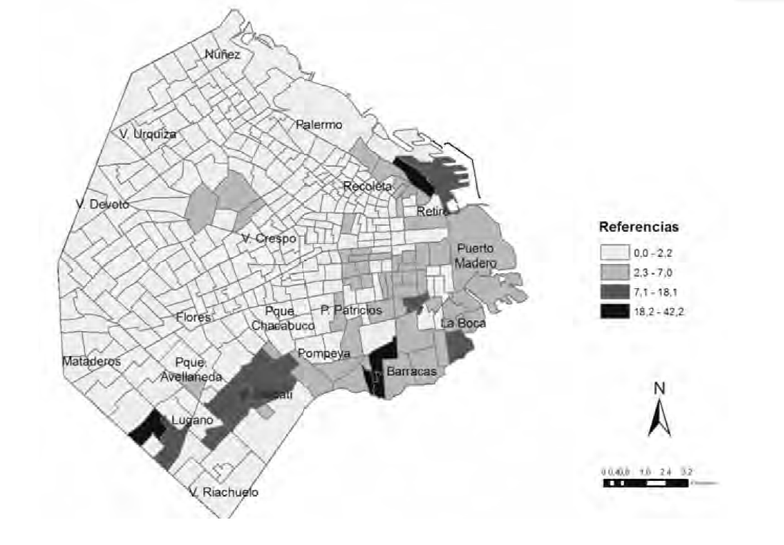 Distribuci&oacute;n de los inmigrantes paraguayos por fracciones censales (valores relativos). Ciudad de Buenos Aires. A&ntilde;o 2010