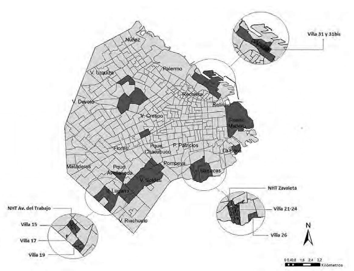 Fracciones de la ciudad donde hay villas miseria y radios seleccionados. Ciudad de Buenos Aires. A&ntilde;o 2011