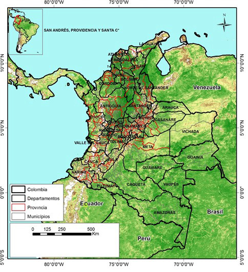 Colombia. División político-administrativa: departamentos, provincias y municipio
