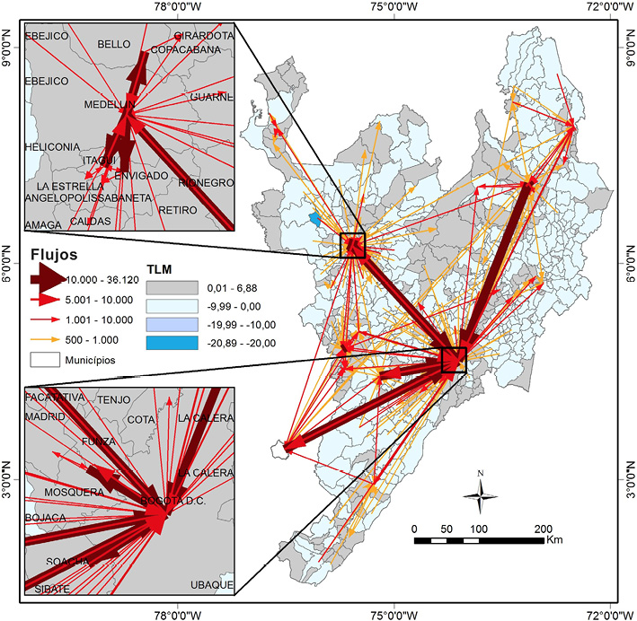 Colombia. Áreas metropolitanas de la región Andina. Tasas líquidas de migración y flujos de migración interna de fecha fija, según tamaño y dirección, escala municipal. Censo de 2005