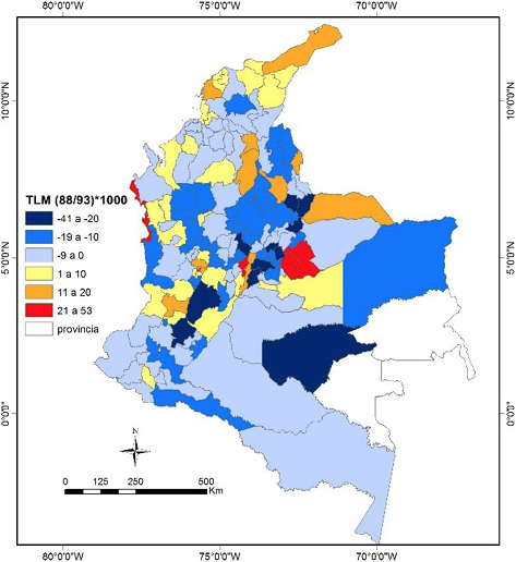 Tasas líquidas de migración según lugar de residencia cinco años antes, en la escala de provincia. Censos 1993-2005