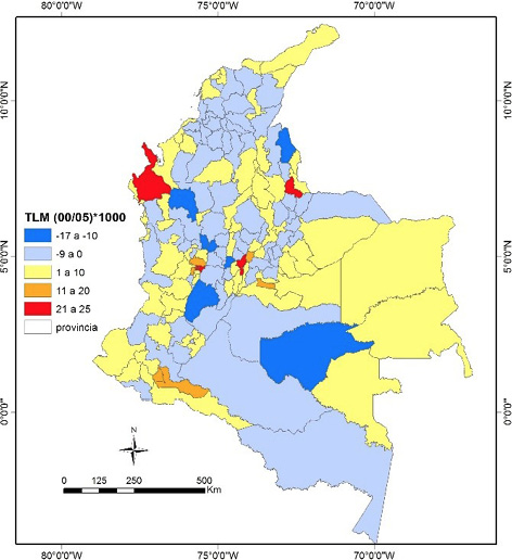 Tasas líquidas de migración según lugar de residencia cinco años antes, en la escala de provincia. Censos 1993-2005