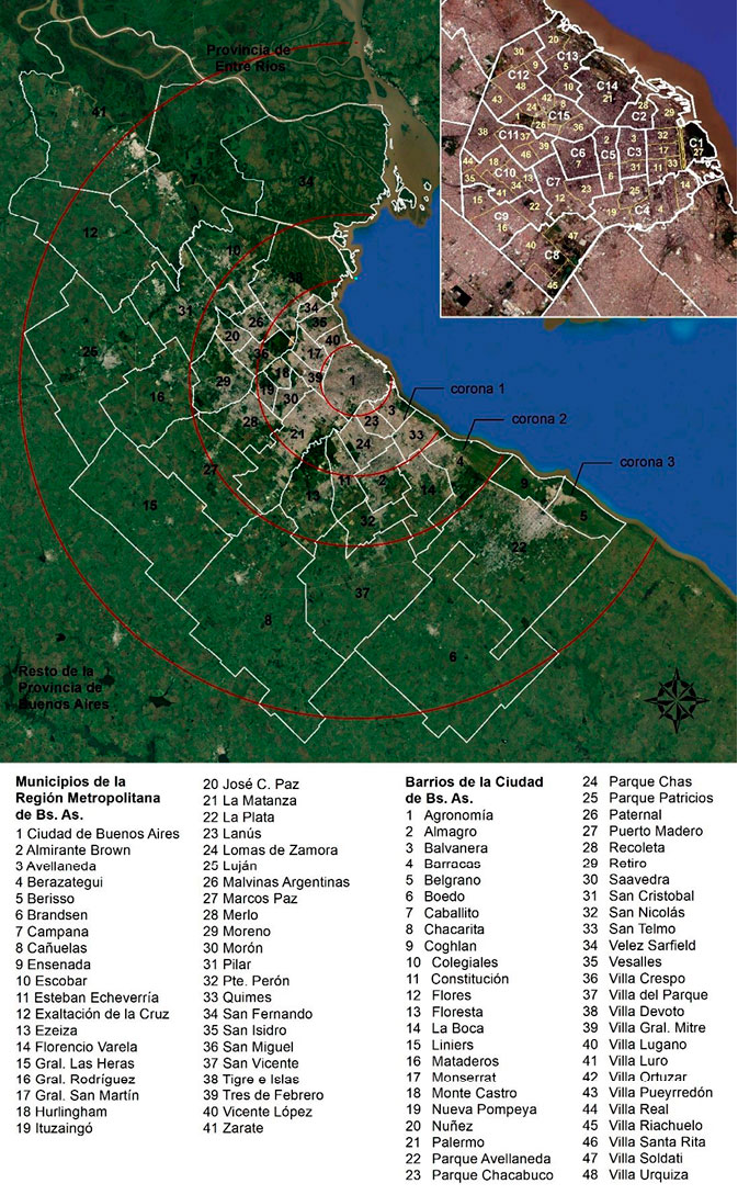 Región Metropolitana de Buenos Aires, 2016: municipios de la Región Metropolitana de Buenos Aires y comunas y barrios de la Ciudad de Buenos Aires