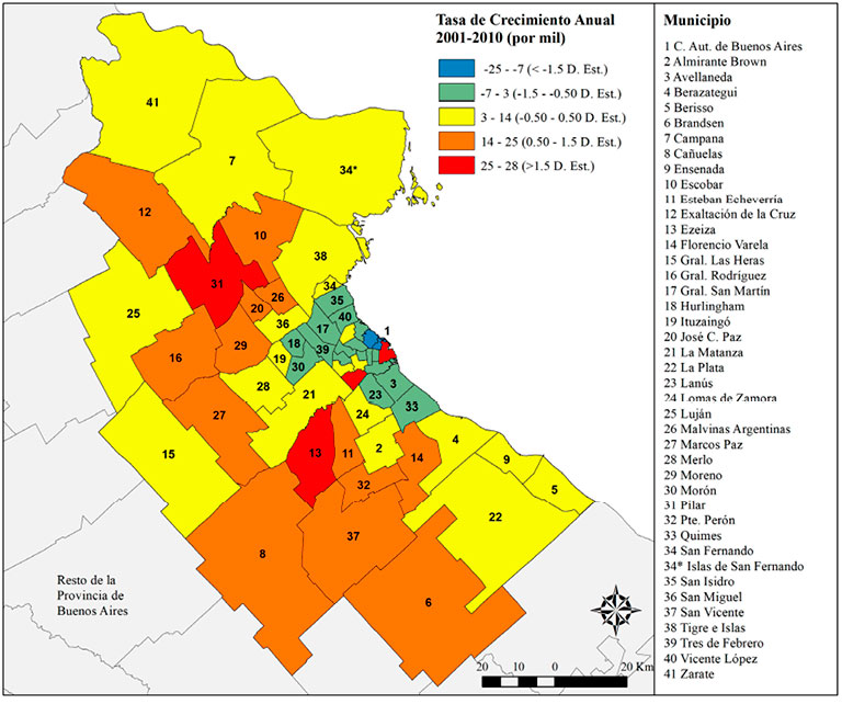 Región Metropolitana de Buenos Aires, 2001-2010: tasa de crecimiento anual (‰)