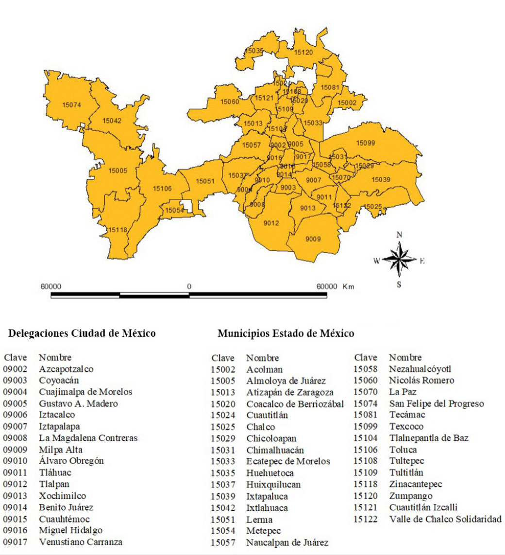 Localización geográfica de las delegaciones de CDMX y municipios urbanos de Estado de México, 2010