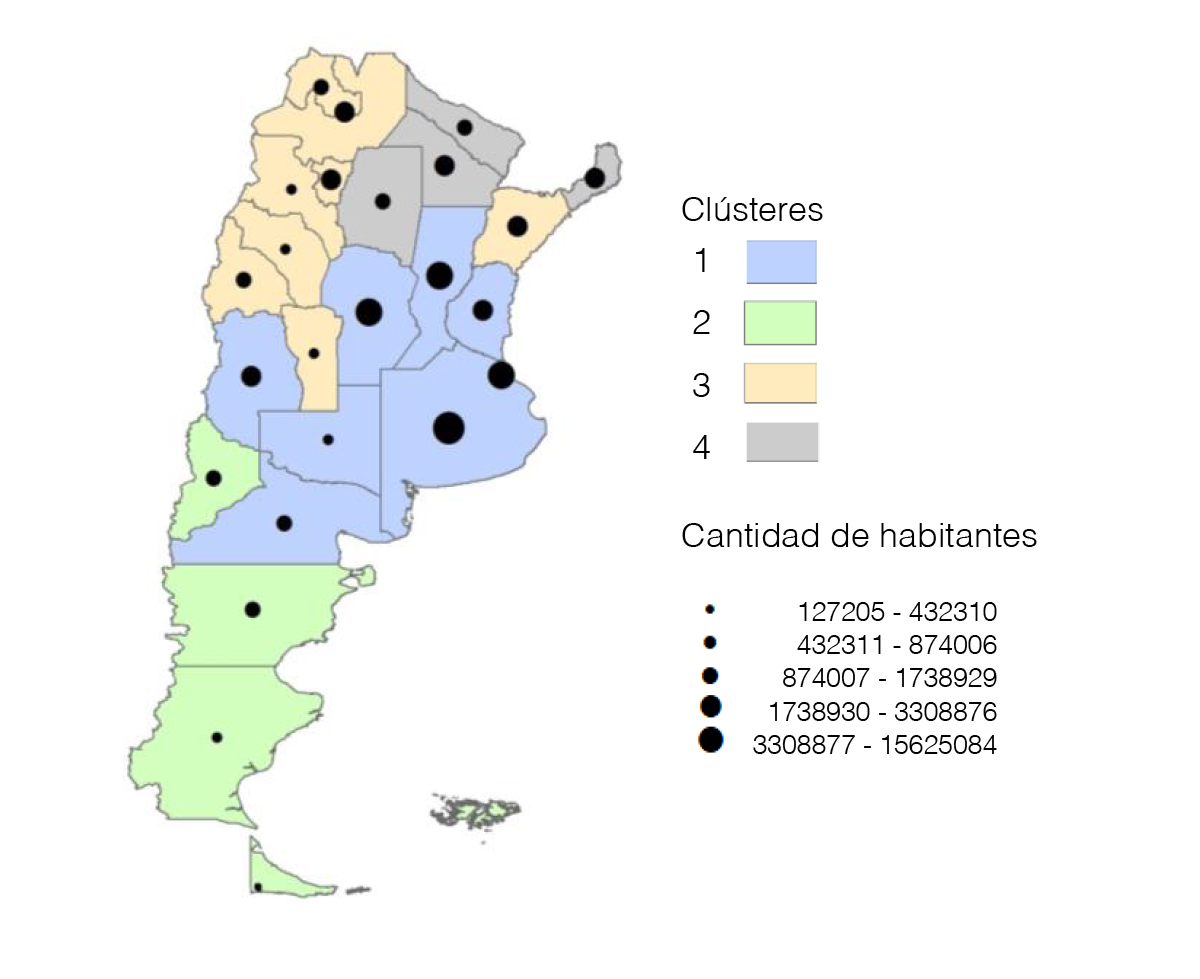 Distribución espacial de los clústeres de segunda transición demográfica y transición sanitaria identificados, y del tamaño poblacional de las jurisdicciones. Argentina, 2005-2013