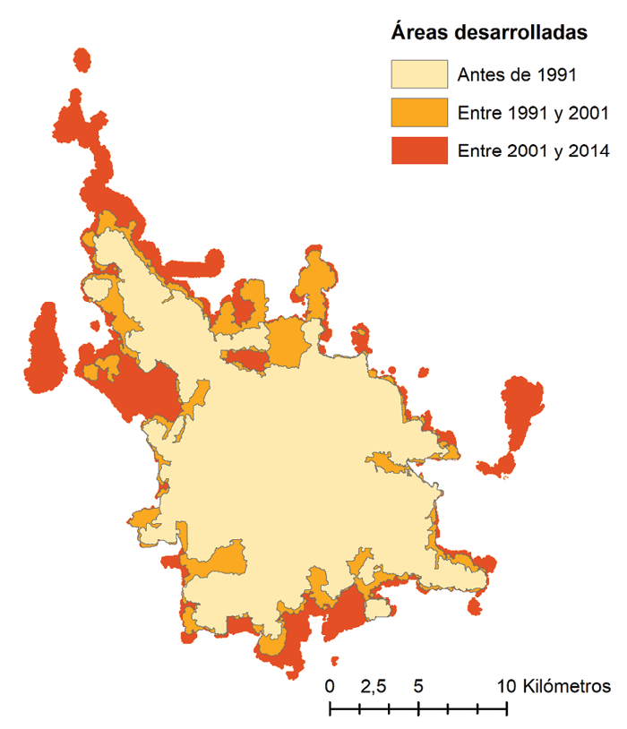 Expansi&oacute;n de la extensi&oacute;n urbana de C&oacute;rdoba: 1991, 2001 y 2014