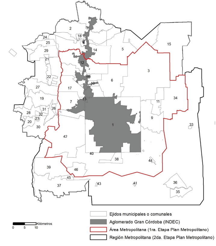 C&oacute;rdoba metropolitana: los l&iacute;mites del Aglomerado Gran C&oacute;rdoba seg&uacute;n INDEC (2010), y del &Aacute;rea y de la Regi&oacute;n Metropolitana seg&uacute;n IPLAM (2012)*