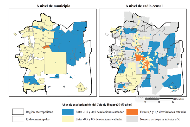 Distribuci&oacute;n a nivel municipal* y a nivel de radio censal de los a&ntilde;os de educaci&oacute;n promedio de los jefes de hogar de entre 30 y 59 a&ntilde;os, en unidades de desviaci&oacute;n est&aacute;ndar respecto a la media metropolitana: Regi&oacute;n Metropolitana de C&oacute;rdoba, 2010