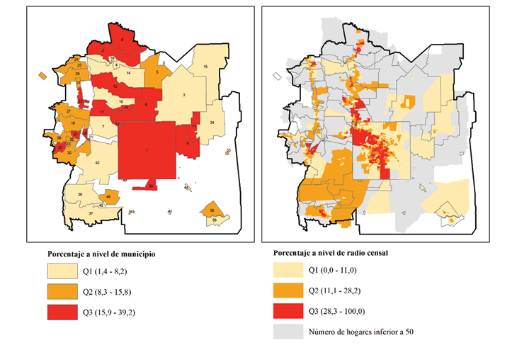 Distribuci&oacute;n, seg&uacute;n quintiles, a nivel municipal* y a nivel de radio censal del porcentaje de jefes de hogar con educaci&oacute;n alta: Regi&oacute;n Metropolitana de C&oacute;rdoba, 2010