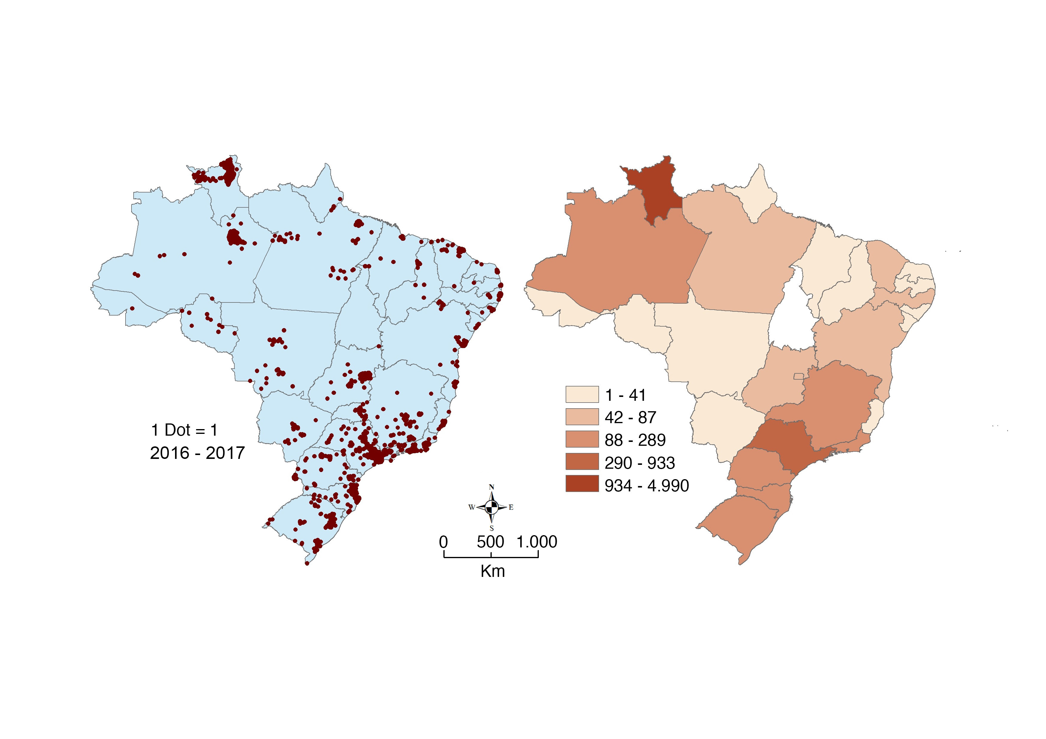 Imigrantes da Venezuela com registros ativos no Brasil, entre 2016 e 2017, segundo municpio e Unidade da Federao de residncia