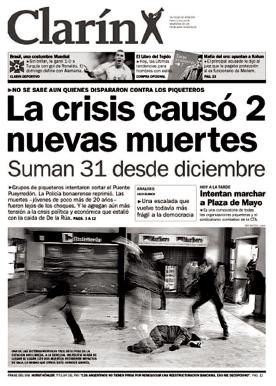 Tapa del diario Clarín del 27/06/2002