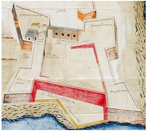 Detalle en que se aprecia el plano de un fuerte seg&uacute;n los par&aacute;metros de forma estrellada de la traza italiana. Fuente: &laquo;Perilo del fuerte y trinchea de la Punta del puerto de San Christobal de la Habana&raquo;, 23 de septiembre de 1595, (AGI). Fondo Mapas y Planos, Secci&oacute;n Santo Domingo, 16.