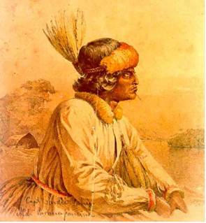 Cacique Pahy dos Guaranis Kayov&aacute;; Aldeamento de Santo In&aacute;cio do Paranapanema. Autor: Franz Keller, 1865.