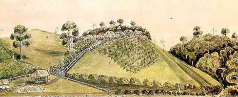 Aldeamento de S&atilde;o Pedro de Alc&acirc;ntara em 1859. Detalhe da gravura que ilustra o Mapa Corogr&aacute;fico da Prov&iacute;ncia do Paran&aacute;, Autor: Jo&atilde;o Henrique Elliott, 1857. Foto: Biblioteca Nacional do Rio de Janeiro, Documenta&ccedil;&atilde;o Cartogr&aacute;fica.