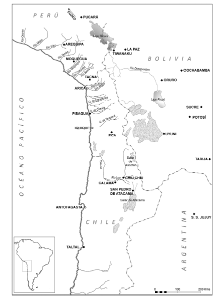 Mapa de los Andes Centro Sur y principales
localidades del per&iacute;odo Medio mencionadas en el texto (Fuente: Uribe y Ag&uuml;ero
2001). 