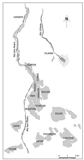 Mapa de la localidad de San Pedro de Atacama y
principales sitios del per&iacute;odo Medio mencionados en el texto (Fuente: Costa y
Llagostera 2014). 