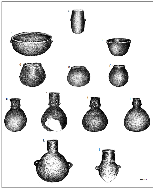 Tipos Cer&aacute;micos San Pedro Negro Pulido: (a-c)
vasijas no-restringidas (vaso SNP-1, escudilla SPN-2 y taz&oacute;n SNP-3); (d-f)
vasijas restringidas simples (cuencos con y sin asas SNP-4); (g-l) vasijas
restringidas independientes (botellas SNP-6 y c&aacute;ntaros SNP-7). (Fuente: Uribe
2004). San Pedro Polished Black Ware: (a-c) irrestricted vessels (SNP-1 cup,
SNP-2 deep bowl and SNP-3 large cup); (d-f) simple restricted vessels (SNP-4
bowls with and without handles); (g-l) independent restricted vessels (SNP-6
bottles and SNP-7 pitchers). (From: Uribe 2004).