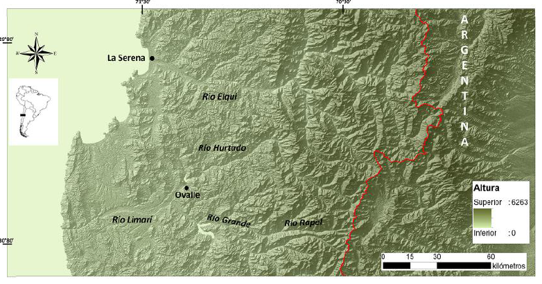 Mapa de la zona de
estudio con demarcaci&oacute;n de zonas prospectadas. Study zone. Survey areas
are indicated.