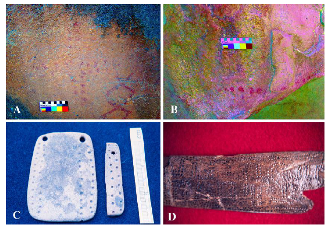 Sistemas visuales del Arcaico Tard&iacute;o, pinturas
trabajadas por D-Stretch: (a) La Placa 1, (b) Covacha
Pintada; (c y d) instrumentos &oacute;seos Punta Teatinos (fotograf&iacute;as H. Niemeyer depositadas en el archivo
Hans Niemeyer del Museo Nacional de Historia
Natural). Late Archaic visual systems,
paintings digitally enhanced by D-Stretch:
(a) La Placa 1, (b) Covacha Pintada, (c and d) bone instruments from Punta Teatinos (photographies by H. Niemeyer, housed in the Archivo Hans Niemeyer at the Museo Nacional de Historia Natural).