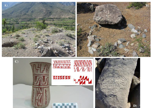 Contextos alfareros
post-500 d.C., cementerio de ruedo de piedras de La Turqu&iacute;a: (a) vista del
cementerio excavado y paisaje circundante, (b) posible tumba en ruedo; (c)
cer&aacute;mica bicroma y dise&ntilde;os escalerados,
(d) cabeza tiara. Post-500 AD ceramic contexts, La Turquia stone ring cemetery: (a) View of the excavated cemetery
and its surroundings, (b)
probable ring grave, (c) bichrome and stepped designs ceramics, (d) head tiara.