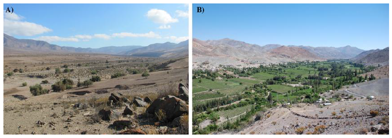 Vista de la cuenca hidrogr&aacute;fica del r&iacute;o Limar&iacute;: (a) curso inferior (sector La Placa), (b) curso
superior (r&iacute;o Hurtado). Limar&iacute; river basin: (a) lower course (La Placa sector), (b) upper course (Hurtado river).