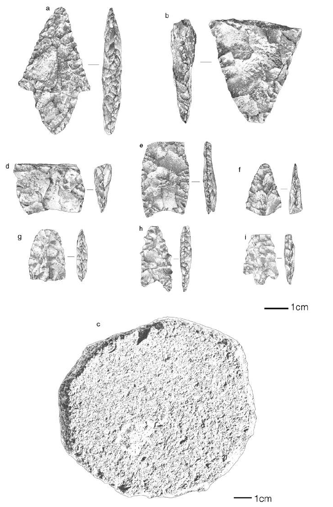 Material L&iacute;tico: (a) punta pedunculada (Pichasquita), (b) fragmento de ped&uacute;nculo, (c) lito
geom&eacute;trico (Llanos de Punitaqui), (d y e) fragmentos
de punta de proyectil (Alero El Puerto), (f) punta de proyectil fragmentada (La
Turqu&iacute;a 11), (g) fragmento de instrumento l&iacute;tico (Melisa), (h) punta de
proyectil fragmentada (Arenoso El Bolsico), (i) punta de proyectil fragmentada
(Dina Cort&eacute;s). Lithic material: (a) stemmed point (Pichasquita), (b) stem fragment of a projectil point, (c) cogged stone (Llanos de Punitaqui), (d
and e) fragment of projectile point (Alero El Bolsico), (f) fragment
of projectil point (La
Turqu&iacute;a 11), (g) fragment of lithic instrument (Melisa), (h) fragment
of projectil point (Arenoso
El Bolsico), (i) fragment of projectile point (Dina Cort&eacute;s). 

 