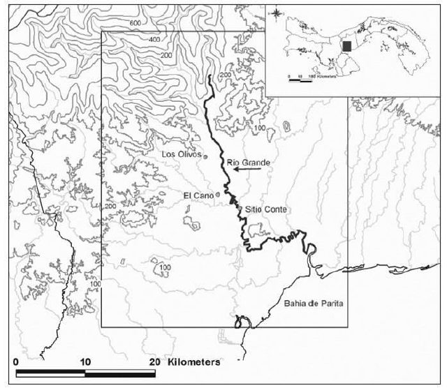 Localizaci&oacute;n del sitio arqueol&oacute;gico
en el istmo de Panam&aacute;.  Location of the archaeological site in the Isthmus of 
 Panama .
