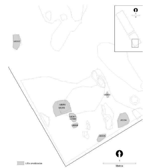 Unidades estratigr&aacute;ficas analizadas
en el Conjunto 5. En la imagen aparecen las dos &aacute;reas de excavaci&oacute;n abiertas
durante la campa&ntilde;a del 2008, y los contornos de varias unidades
estratigr&aacute;ficas.  Stratigraphic units analyzed in Assemblage 5. View of the two
excavation areas opened during the 2008 campaign, and the outline of various
stratigraphic units .