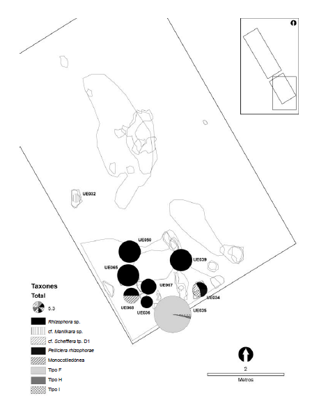 Distribuci&oacute;n espacial de los
taxones en el Conjunto 5.  Spatial distribution of the taxa in the Assemblage 5 .