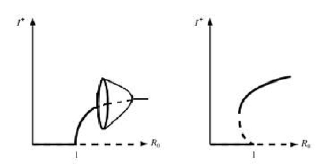 Case A) shows a forward bifurcation in Ro = 1 and a Hopf bifurcation when Ro > 1 while case B) shows a backward bifurcation in Ro = 1 and a bistability phenomenon for values of Ro < 1.