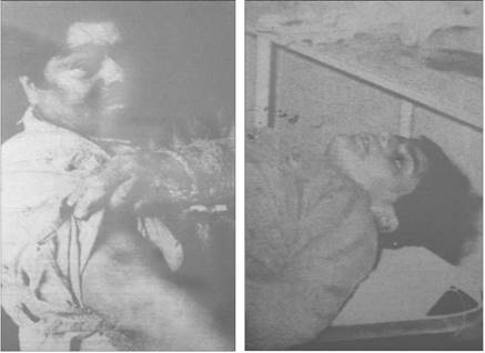 Eusebio "Cheyo" S&aacute;ez muestra el brazo donde le impact&oacute; la bala que, seg&uacute;n el relato de Dom&iacute;nguez, fue debido a que S&aacute;ez lo estaba amenazando con un arma. Al lado, Luis Rivas, el joven obrero de 16 a&ntilde;os v&iacute;ctima de la balacera. Fuente: Poder Campesino, agosto 1972.